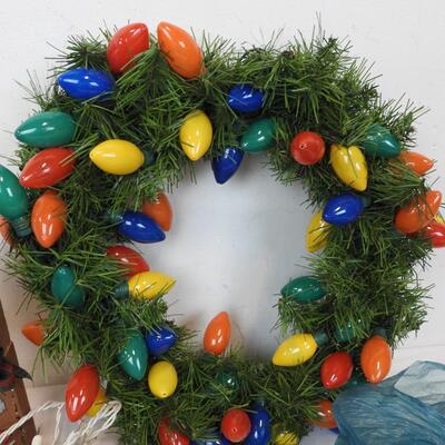 9 pc Christmas Holiday Decor: Lighted Wreath, Ornaments, Lights, Lighted Garland