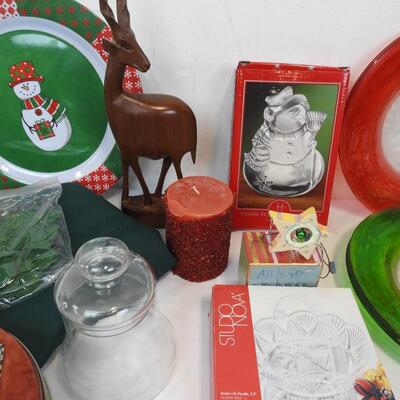 34+ pc Christmas Holiday Decor Plates, Candles, Lights, Tin, Tablecloth, Napkins