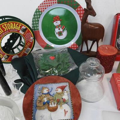 34+ pc Christmas Holiday Decor Plates, Candles, Lights, Tin, Tablecloth, Napkins