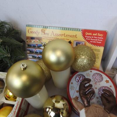 21 pc Christmas: Garland, Gold Orniments, Lights, Box Assortment