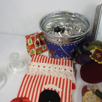 16 pc Christmas Lot: Lights, Small Ornaments, Tins, Mugs, Tapered Candles