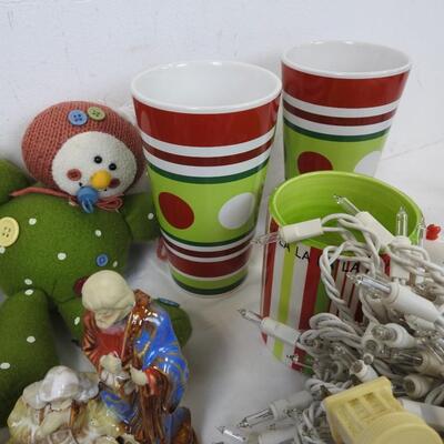 16 pc Christmas Lot: Lights, Small Ornaments, Tins, Mugs, Tapered Candles