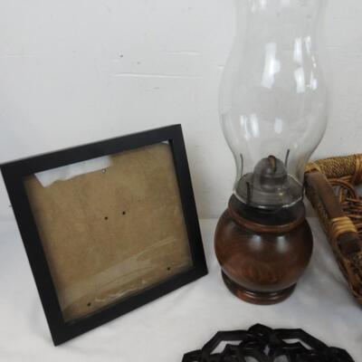 8 pc Home Decor: Clock, Wicker Basket, Oil Lamp, Wall Decor