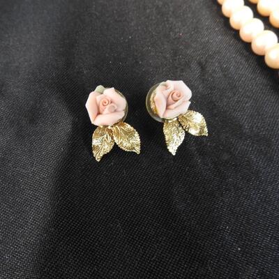 Pink Pearl Necklace and Pink Rose Jewelry Set - Vintage