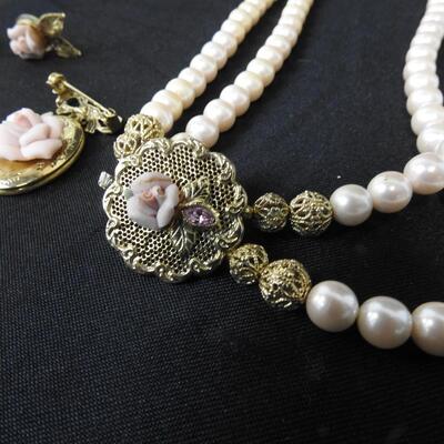 Pink Pearl Necklace and Pink Rose Jewelry Set - Vintage