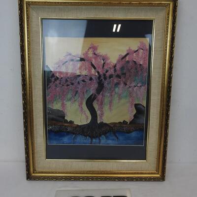 Framed Watercolor Art, pink leaves tree. Image is 17