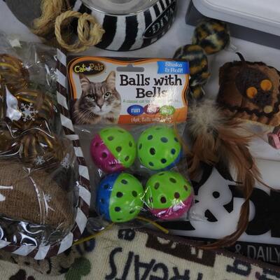 Lot of Cat Toys and Decor: 2022 Calendar, Cat Figurines, Balls With Bells, Bowl