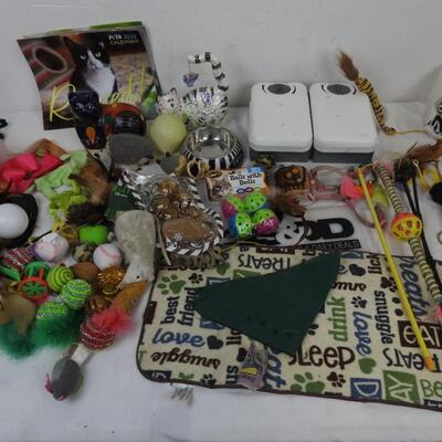Lot of Cat Toys and Decor: 2022 Calendar, Cat Figurines, Balls With Bells, Bowl