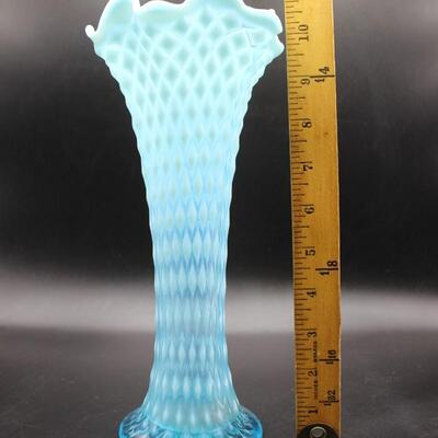 Vintage Northwood Blue Diamond Point Ruffled Lip Art Glass Vase