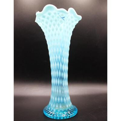 Vintage Northwood Blue Diamond Point Ruffled Lip Art Glass Vase