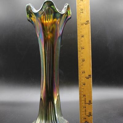 Vintage Fenton Green Gold Iridescent Textured Carnival Art Glass Vase