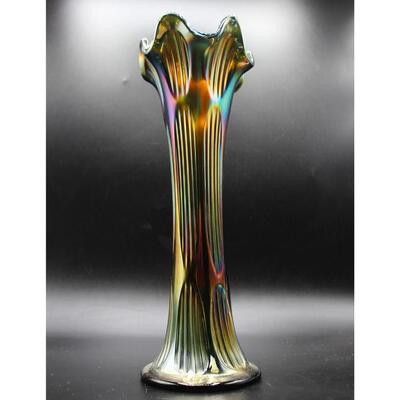 Vintage Fenton Green Gold Iridescent Textured Carnival Art Glass Vase