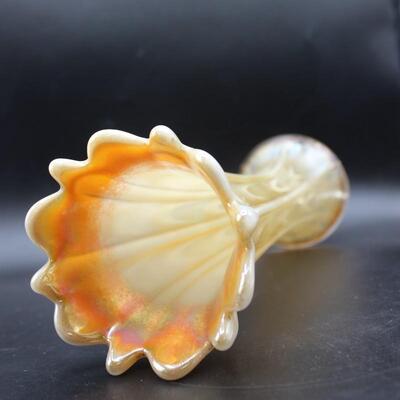 Vintage Marigold Yellow Opalescent Carnival Art Glass Swung Vase