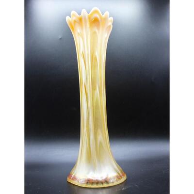 Vintage Marigold Yellow Opalescent Carnival Art Glass Swung Vase