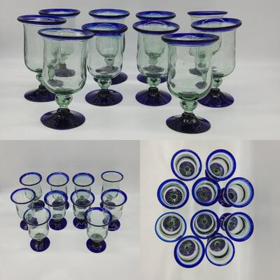 Cobalt Blue Rimmed, Hand-Blown Mexican  Tea/Water Glasses