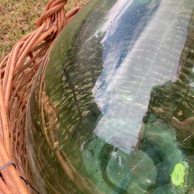 Large Antique Green Glass 26â€ Demijohn Vessel with Wicker â€œCrateâ€