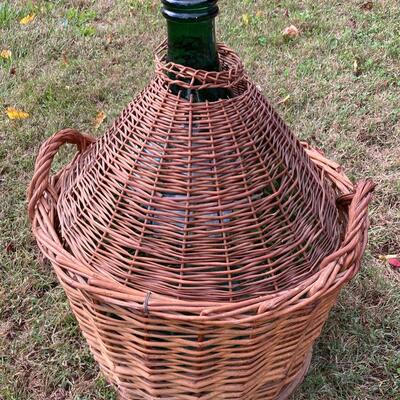 Large Antique Green Glass 26â€ Demijohn Vessel with Wicker â€œCrateâ€