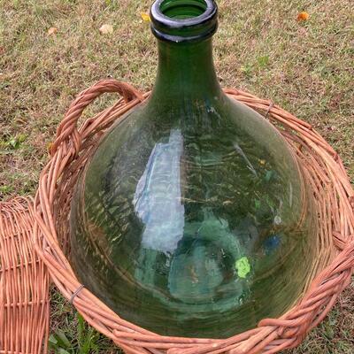 Large Antique Green Glass 26” Demijohn Vessel with Wicker “Crate”