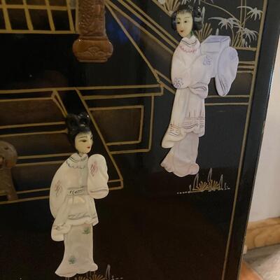 Oriental Stand and Wall Mirror With Inlaid Mother of Pearl