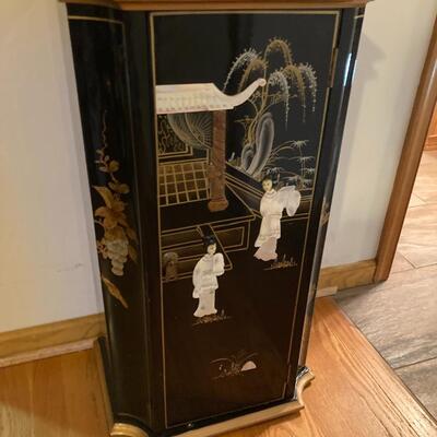 Oriental Stand and Wall Mirror With Inlaid Mother of Pearl