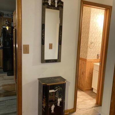 Oriental Stand and Wall Mirror With Inlaid Mother of Pearl