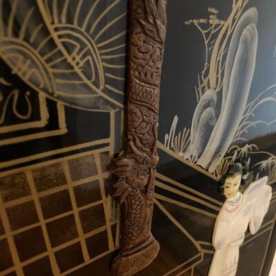 Oriental Stand and Wall Mirror With Inlaid Mother of Pearl