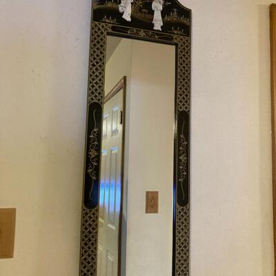 Oriental Stand and Wall Mirror With Inlaid Mother of Pearl