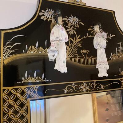 Oriental Stand and Wall Mirror With Inlaid Mother of Pearl