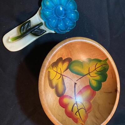 Wooden Painted Bowl and Plastic Ring Holder Lot