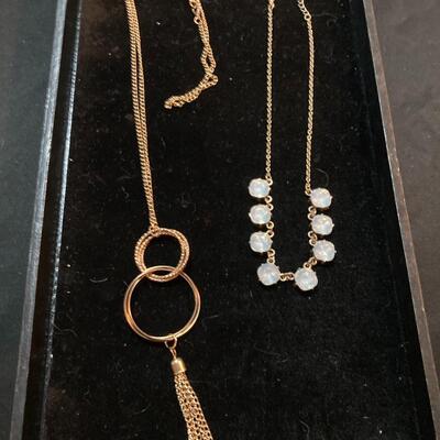Two Large Gold Tone Necklaces with Hoops and Stones