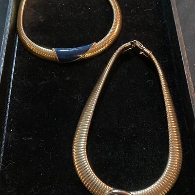 Two Modern Wide Choker Necklaces Gold Tone 