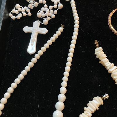 Mixed Jewelry Lot with Rosary Beads, Coral and Snowman Earrings