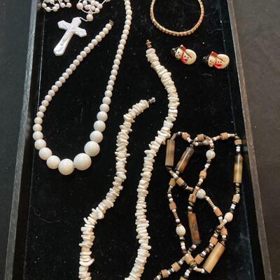 Mixed Jewelry Lot with Rosary Beads, Coral and Snowman Earrings