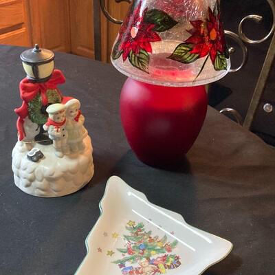 Lot of 3 Christmas Decor with Music Box, Red Votive Lamp and more..