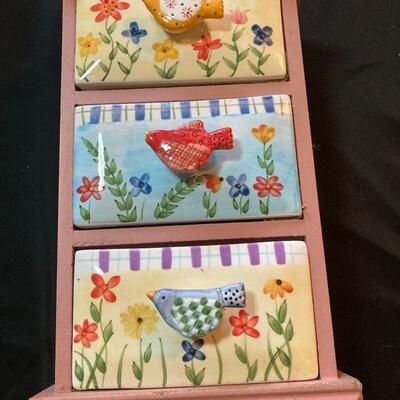 Three Drawer Porcelain Birds Spice Box with Wooden Frame