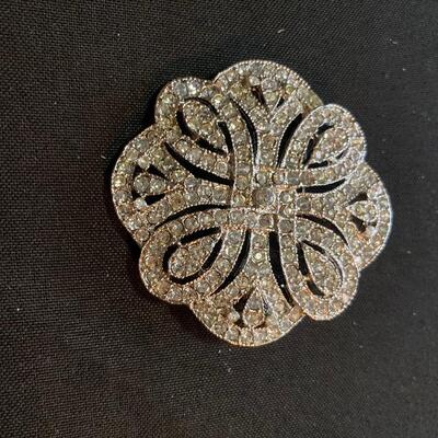 Large Silver Brooch with Rhinestone Style Floral Decor
