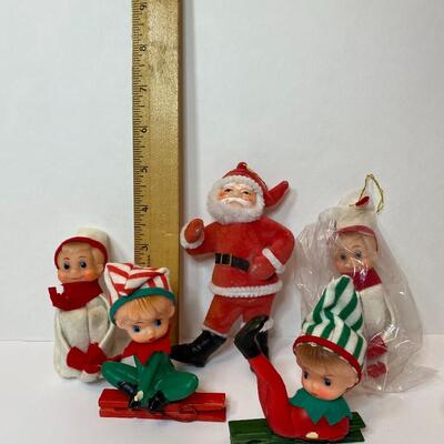 Lot 336: New Vintage Japan Knee Hugger, Felt Santa, and Pixie Elves Tree Clips (Marked Japan)