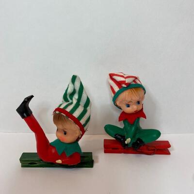Lot 336: New Vintage Japan Knee Hugger, Felt Santa, and Pixie Elves Tree Clips (Marked Japan)