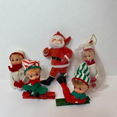 Lot 336: New Vintage Japan Knee Hugger, Felt Santa, and Pixie Elves Tree Clips (Marked Japan)