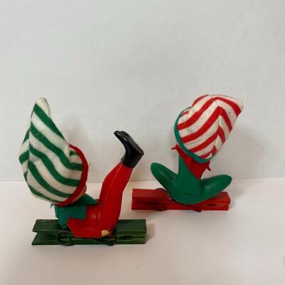 Lot 336: New Vintage Japan Knee Hugger, Felt Santa, and Pixie Elves Tree Clips (Marked Japan)