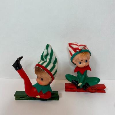 Lot 336: New Vintage Japan Knee Hugger, Felt Santa, and Pixie Elves Tree Clips (Marked Japan)