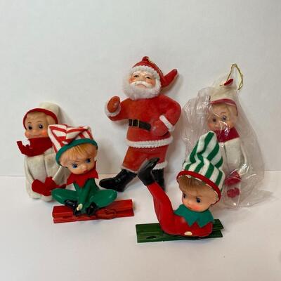 Lot 336: New Vintage Japan Knee Hugger, Felt Santa, and Pixie Elves Tree Clips (Marked Japan)