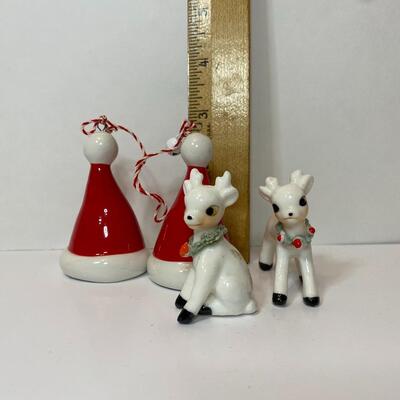 Lot 337: Vintage Mini Holiday Reindeer and Santa Hat Ornaments