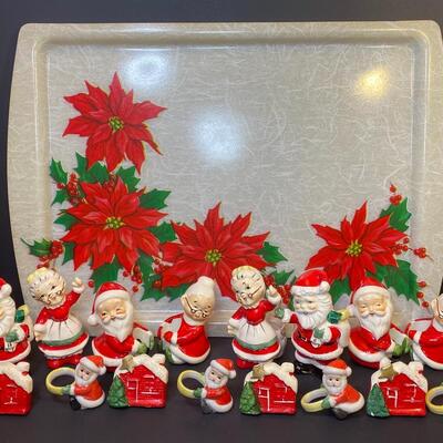 Lot 477: Vintage Japan Christmas Table: Salt/Pepper Sets, Candle Huggers & Holders, Napkin Rings