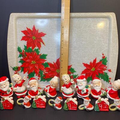 Lot 477: Vintage Japan Christmas Table: Salt/Pepper Sets, Candle Huggers & Holders, Napkin Rings