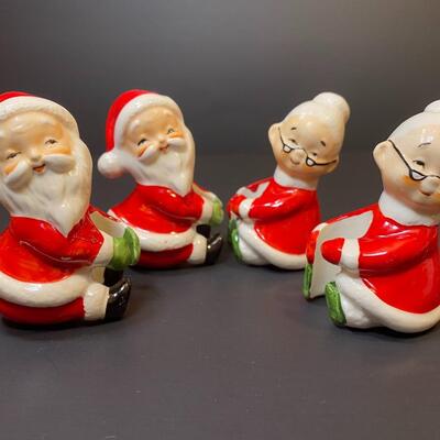 Lot 477: Vintage Japan Christmas Table: Salt/Pepper Sets, Candle Huggers & Holders, Napkin Rings