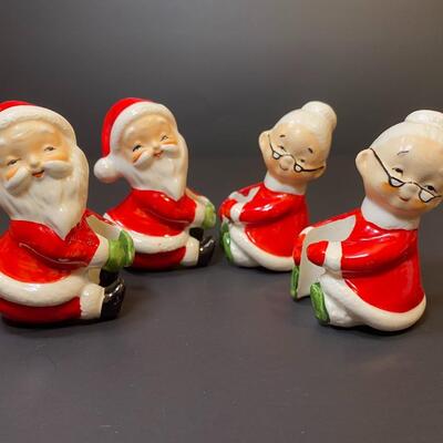 Lot 477: Vintage Japan Christmas Table: Salt/Pepper Sets, Candle Huggers & Holders, Napkin Rings