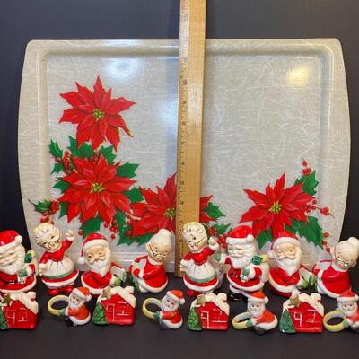 Lot 477: Vintage Japan Christmas Table: Salt/Pepper Sets, Candle Huggers & Holders, Napkin Rings