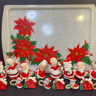 Lot 477: Vintage Japan Christmas Table: Salt/Pepper Sets, Candle Huggers & Holders, Napkin Rings
