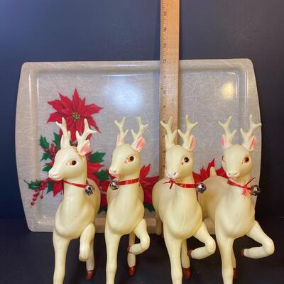 Lot 483: Vintage Poinsettia Serving Tray & Plastic White Reindeer